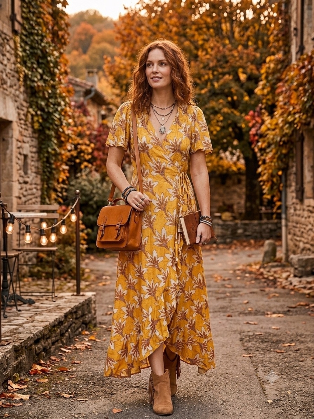 Floral Mustard Wrap Maxi Dress with Tie Waist